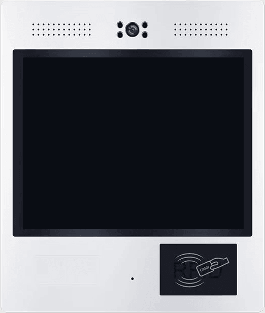 The Portiqapp video panel, face on, showing the visitor screen